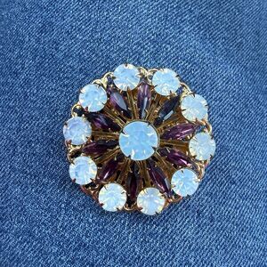 Vintage Gold Tone Rhinestone Brooch Moonstone Opalescent Lavender Amethyst Stone